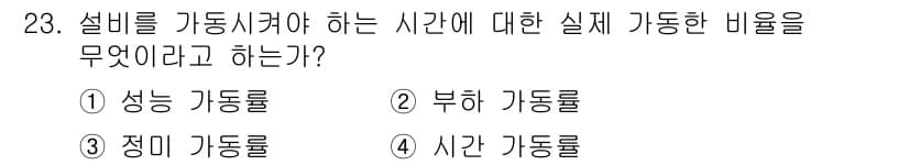 설비보전기사 2020년 23번 - 정답은 4번, 시간 가동률이다. 이는 설비가 실제로 가동되고 있는 시간과... 에 관한 핵심 기출문제