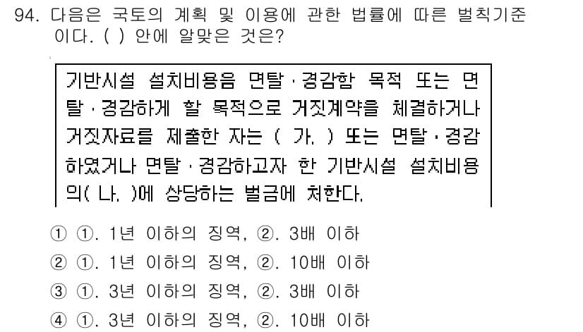 자연생태복원기사(구) 2016년 94번 - 정답 3번은 "10년 이하의 징역"으로, 이는 해당 법령이 자연생태복원에... 에 관한 핵심 기출문제