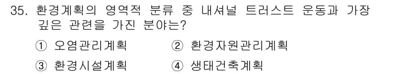 자연생태복원기사 2016년 35번 - 환경계획의 영역적 분류에서 내셔널 트러스트 운동은 자연 보호 및 자원 관... 에 관한 핵심 기출문제