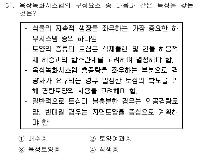 자연생태복원기사 2016년 51번 - . 

해설: 욕앙녹화시스템은 생태계 복원에서 중요한 역할을 하며, 환경... 에 관한 핵심 기출문제