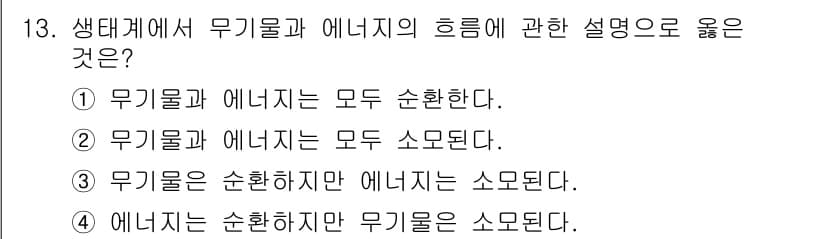 자연생태복원기사(구) 2018년 13번 - 정답 3번은 무기물과 에너지의 관계를 설명하는데 적합합니다. 무기물은 환... 에 관한 핵심 기출문제