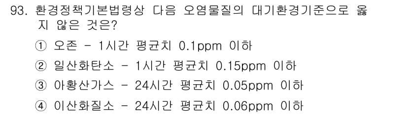 자연생태복원기사(구) 2019년 93번 - 일반산소의 1시간 평균 기준이 0.15ppm 이하로 설정되어 있으며, 이... 에 관한 핵심 기출문제