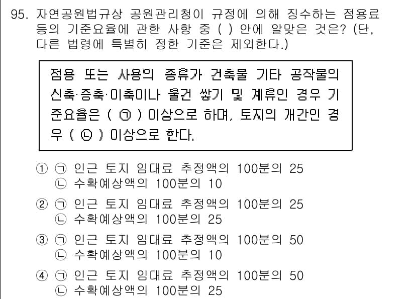 자연생태복원기사(구) 2020년 95번 - 자연공원법상 공원 관리기준에 따르면, 해당 종의 사용 여부가 100점 기... 에 관한 핵심 기출문제
