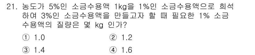 화공기사(구)(구) 2017년 21번 - 정답은 1. 1.0 kg입니다. 5% 소금 용액 1 kg에서 소금을 추출... 에 관한 핵심 기출문제