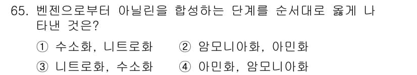 화공기사(구)(구) 2018년 66번 - 벤젠으로부터 아날린을 합성하는 과정에서는 벤젠에 니트로화 및 아민화 반응... 에 관한 핵심 기출문제