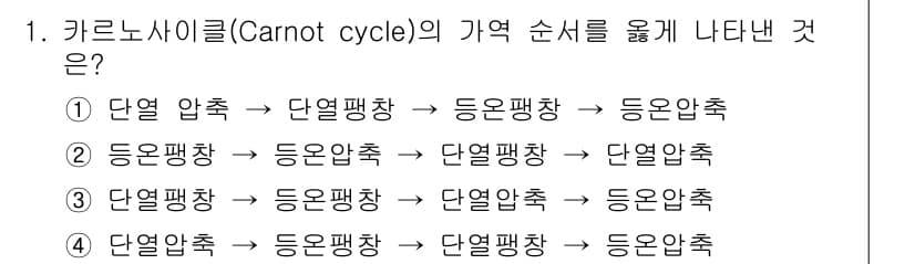 화공기사(구) 2019년 1번 - .  
카르노 사이클은 열역학적 사이클로, 열원에서 열을 흡수하고 그 열... 에 관한 핵심 기출문제
