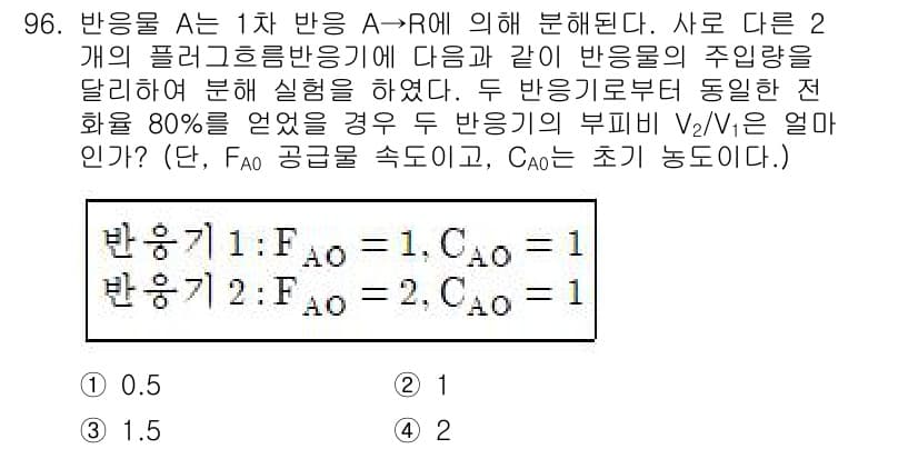 화공기사(구) 2019년 96번 - 반응기 1의 물질 균형에 의해 \( F_{A0} = F_A + V_1 \... 에 관한 핵심 기출문제