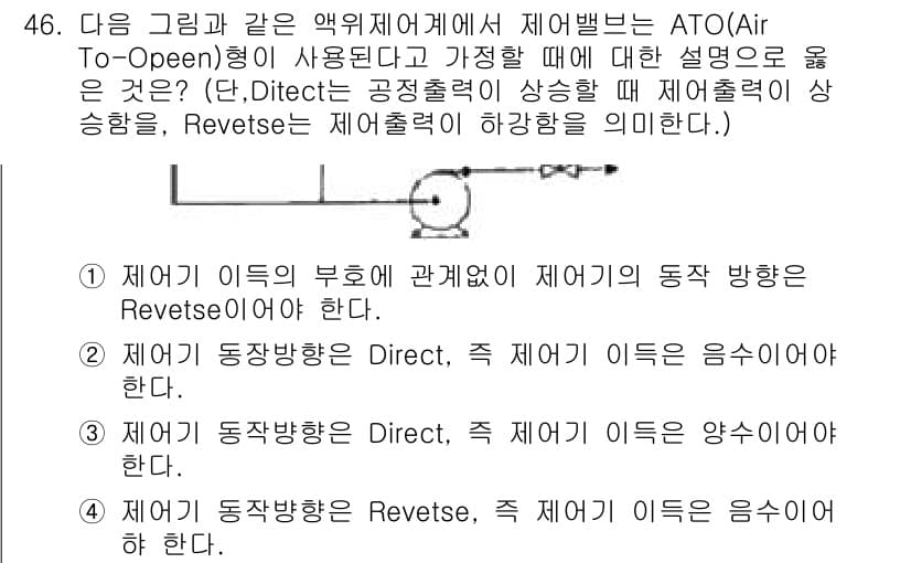 화공기사 2019년 46번 - ATO(Air-To-Open) 방식에서는 정상 상태에서 제어 출력이 상승... 에 관한 핵심 기출문제