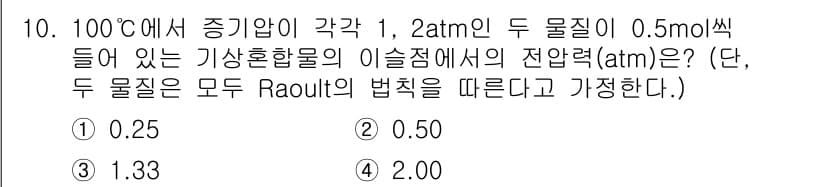 화공기사(구)(구) 2020년 10번 - 주어진 문제에서 이슬점에서의 압력(P)을 Raoult의 법칙에 따라 계산... 에 관한 핵심 기출문제