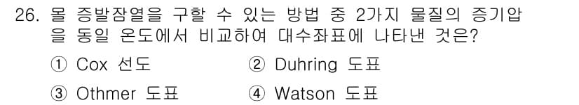 화공기사(구)(구) 2021년 26번 - Cox 선도는 물질의 증기가 특정 온도에서 동등하게 존재할 수 있는 두 ... 에 관한 핵심 기출문제