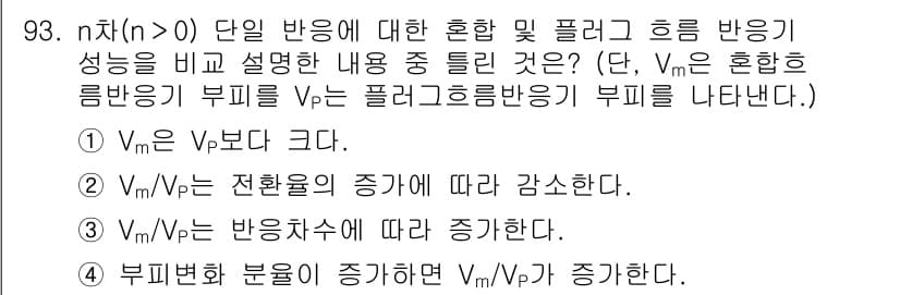 화공기사(구) 2021년 94번 - 혼합 반응에서 V_m은 믹스의 자유도와 관련되어 있으며, 플리시 흐름은 ... 에 관한 핵심 기출문제