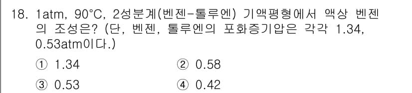 화공기사 2021년 18번 - 주어진 조건에서 벤젠과 톨루엔의 혼합 시스템에서의 증기압을 계산할 때, ... 에 관한 핵심 기출문제