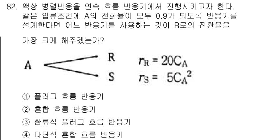화공기사 2021년 82번 - 주어진 조건에서 각각의 반응기의 전환율(r)을 계산하면, rR과 rS의 ... 에 관한 핵심 기출문제