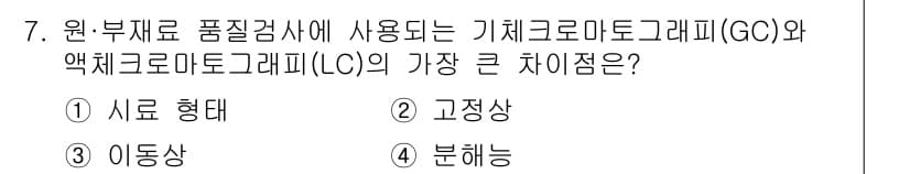 바이오화학제품제조기사 2021년 7번 - . 이동상

기체 크로마토그래피(GC)는 기체 이동상을 사용해 분리를 수... 에 관한 핵심 기출문제