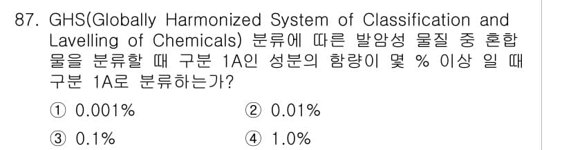 바이오화학제품제조기사 2021년 87번 - GHSL에 따르면 발암성 물질의 위험을 평가할 때, 구분 1A는 성분의 ... 에 관한 핵심 기출문제