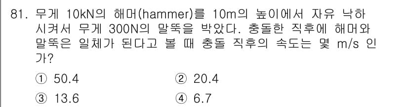 일반기계기사 2022년 81번 - 질문에서 무게 10 kN의 해머를 10 m 높이에서 자유 낙하시키고 30... 에 관한 핵심 기출문제