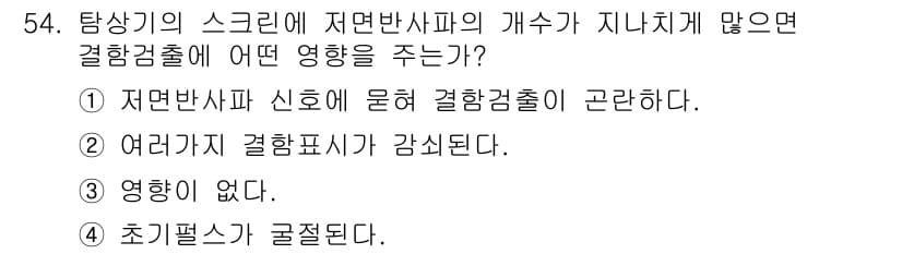 초음파비파괴검사기사(구) 2021년 54번 - 저면반사파의 개수가 지나치게 많아지면 결합검출에 혼선이 생기고, 이로 인... 에 관한 핵심 기출문제