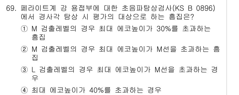 초음파비파괴검사기사(구) 2021년 69번 - 정답은 ②입니다. M 검출레벨의 경우, 최대 에코높이가 M선과 관련되어 ... 에 관한 핵심 기출문제