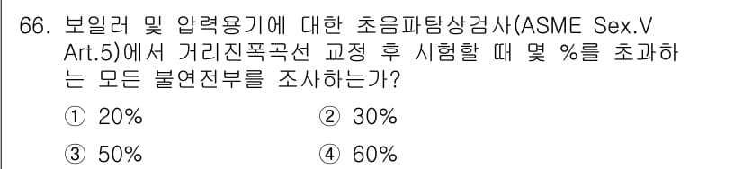 초음파비파괴검사기사 2021년 66번 - ) 20%

해설: ASME Sec.V Art.5에 따르면, 보일러 및 ... 에 관한 핵심 기출문제