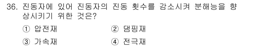 초음파비파괴검사기사(구) 2022년 36번 - 정답은 2번, 댐핑재입니다. 댐핑재는 진동자의 진동을 억제하여 시간영역에... 에 관한 핵심 기출문제