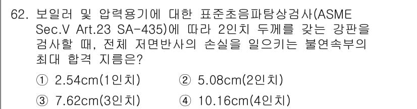 초음파비파괴검사기사(구) 2022년 62번 - ASME Sec. V Art. 23 SA-435에 따르면, 2인치 두께의... 에 관한 핵심 기출문제