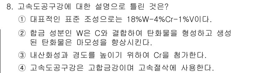 초음파비파괴검사기사(구) 2022년 8번 - 고속도강의 항공 성분인 W와 C의 결합은 강도의 향상을 위한 탄화물을 형... 에 관한 핵심 기출문제