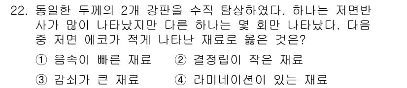 초음파비파괴검사기사 2022년 22번 - 저항이 커질수록 전류의 흐름이 줄어들어 감쇠가 크게 발생하며, 이는 초음... 에 관한 핵심 기출문제
