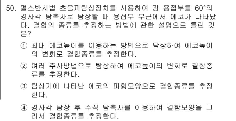 초음파비파괴검사기사 2022년 50번 - 초음파 반사파는 재료 내부의 결함이나 불균일성을 반영하므로, 이를 통해 ... 에 관한 핵심 기출문제