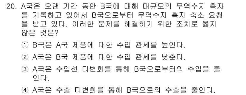 9급_국가직_공무원_경제학개론 2022년 20번 - B국은 A국으로부터 수입을 줄여야 무역수지를 개선할 수 있는데, A국이 ... 에 관한 핵심 기출문제