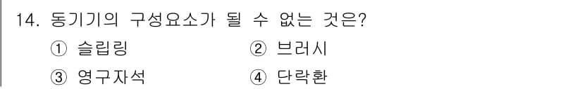 9급_국가직_공무원_전기기기 2022년 14번 - 동기기의 구성 요소로는 솔레노이드, 브러시, 영구자석이 포함되지만, 단락... 에 관한 핵심 기출문제