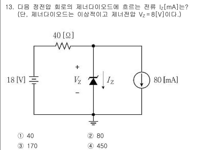 9급_국가직_공무원_전자공학개론 2022년 13번 - 이 회로에서 제너다이오드의 전압 \( V_Z \)는 8V로 고정되어 있습... 에 관한 핵심 기출문제