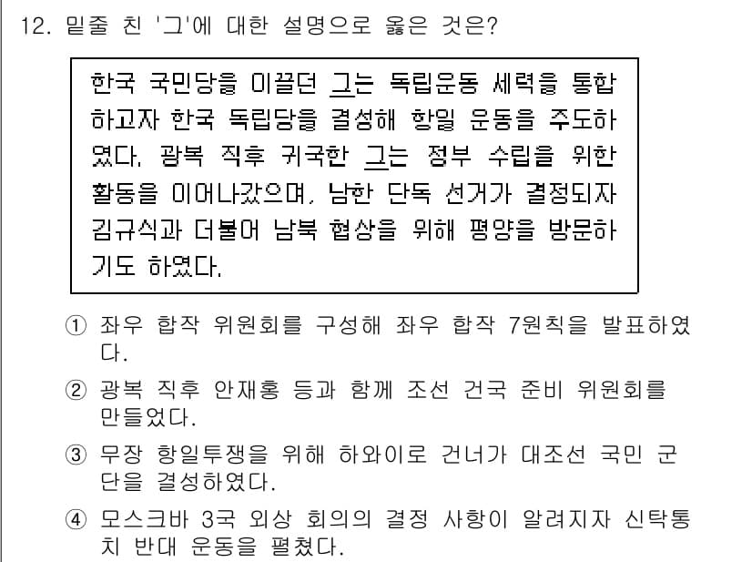 9급_국가직_공무원_한국사 2022년 12번 - 정답 4번은 광복 직후 한국 정부 수립을 위한 활동을 강조한 것으로, 이... 에 관한 핵심 기출문제