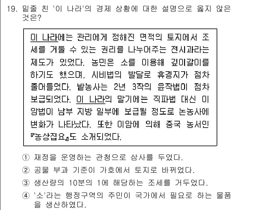 9급_국가직_공무원_한국사 2022년 19번 - 이 나라의 경제 상황은 국가가 직접적으로 토지를 관리하고 조절하는 체제를... 에 관한 핵심 기출문제
