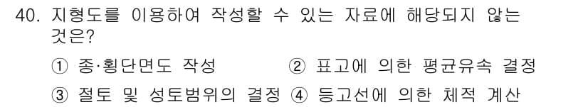 지적기사 2022년 40번 - 지형도는 주로 지형적 특징을 나타내는데 사용되며, 피고의 평균유속 결정에... 에 관한 핵심 기출문제