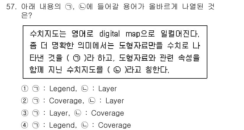 지적기사 2022년 57번 - 3. 정답은 "Layer"이다. 지적기사의 수치지도에서 "Layer"는 ... 에 관한 핵심 기출문제