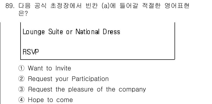 컨벤션기획사_2급(구) 2019년 89번 - 정답은 3번 "Request the pleasure of the comp... 에 관한 핵심 기출문제