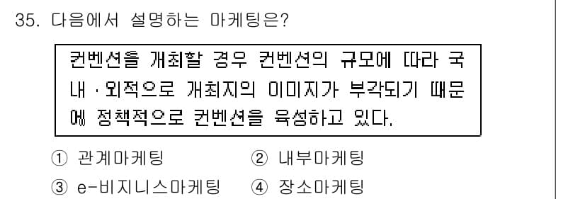 컨벤션기획사_2급(구) 2020년 35번 - 이 마케팅은 컨벤션 기획에 필수적인 요소로, 지역적 이미지와 대응하여 컨... 에 관한 핵심 기출문제
