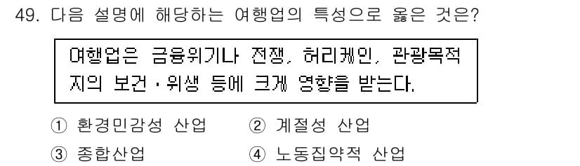 컨벤션기획사_2급(구) 2020년 49번 - . 

여행업은 금융위기, 전쟁, 재난 등 외부 요인의 영향을 크게 받기... 에 관한 핵심 기출문제