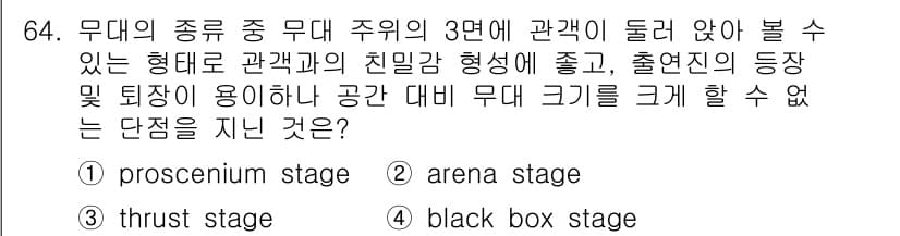 컨벤션기획사_2급(구) 2022년 64번 - 정답은 3번 'thrust stage'입니다. Thrust stage는 ... 에 관한 핵심 기출문제