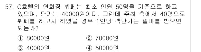 컨벤션기획사_2급 2022년 57번 - C호텔의 연회장 비품 최소 인원은 50명 기준이며, 단가가 40,000원... 에 관한 핵심 기출문제