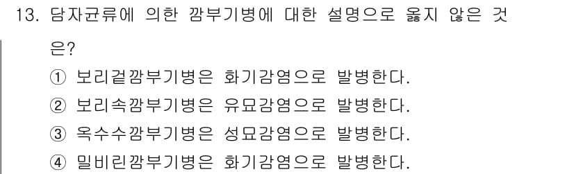 식물보호기사 2022년 13번 - 밀비린깔부기병은 주로 수분 부족이나 특정 환경 요인에 의해 발생하며, 화... 에 관한 핵심 기출문제