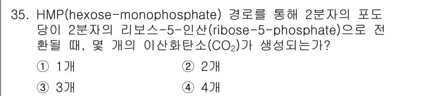바이오화학제품제조기사 2022년 35번 - HMP 경로를 통해 2분자의 포도당이 리보스-5-인산으로 전환될 때, 1... 에 관한 핵심 기출문제