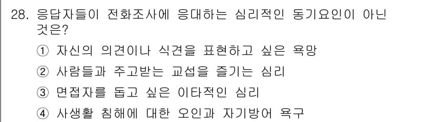 텔레마케팅관리사 2022년 28번 - . 

면접자를 돕고 싶다는 이타적인 심리는 텔레마케팅에서 일반적으로 나... 에 관한 핵심 기출문제