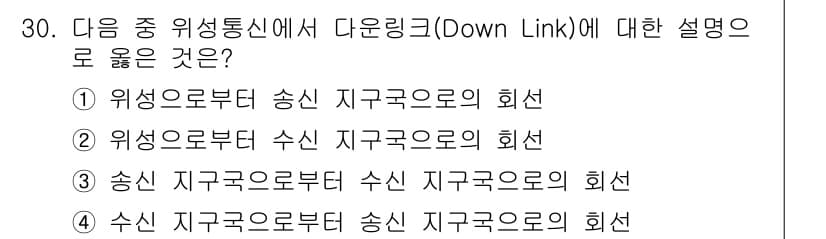 정보통신기사 2018년 30번 - 다운링크는 위성에서 지상국으로 신호가 전송되는 과정을 의미합니다. 따라서... 에 관한 핵심 기출문제