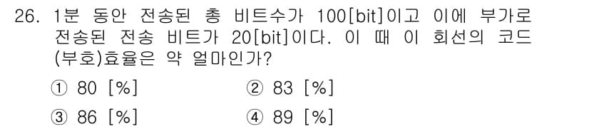 정보통신기사(구) 2019년 26번 - 코드 효율은 전송된 정보 비트 수와 송신 비트 수의 비율로 계산됩니다. ... 에 관한 핵심 기출문제