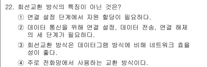 정보통신기사(구) 2020년 22번 - 회선교환 방식의 특징이 아닌 것은 ③번입니다. 회선교환 방식은 데이터그램... 에 관한 핵심 기출문제