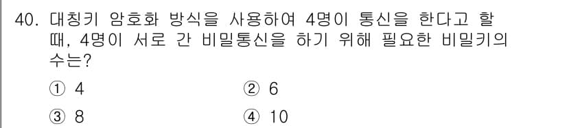 정보통신기사 2020년 40번 - 대칭 키 암호화 방식에서 4명이 서로 비밀통신을 하려면, 각 쌍이 비밀키... 에 관한 핵심 기출문제