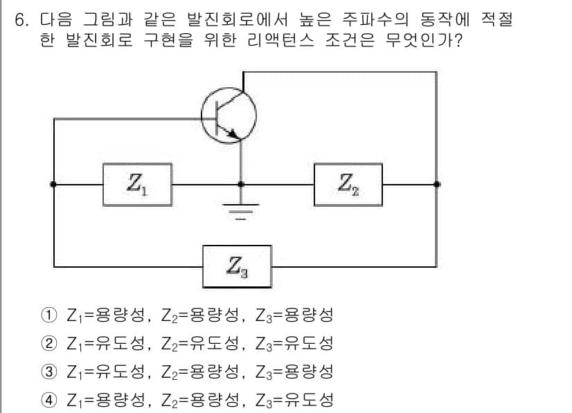 정보통신기사(구) 2021년 6번 - 발진회로에서 적절한 리액턴스 조건은 발진이 일어나기 위한 조건으로, 주파... 에 관한 핵심 기출문제