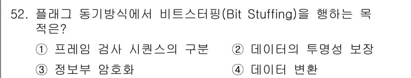 정보통신기사 2021년 52번 - 비트스태핑(Bit Stuffing)은 데이터 전송 과정에서 특정 비트 패... 에 관한 핵심 기출문제