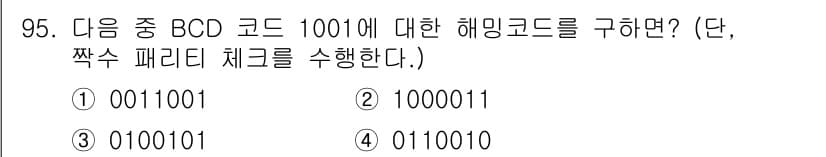 정보통신기사 2021년 95번 - 주어진 BCD 코드 1001을 이진수로 변환하면 9가 됩니다. 해밍 코드... 에 관한 핵심 기출문제